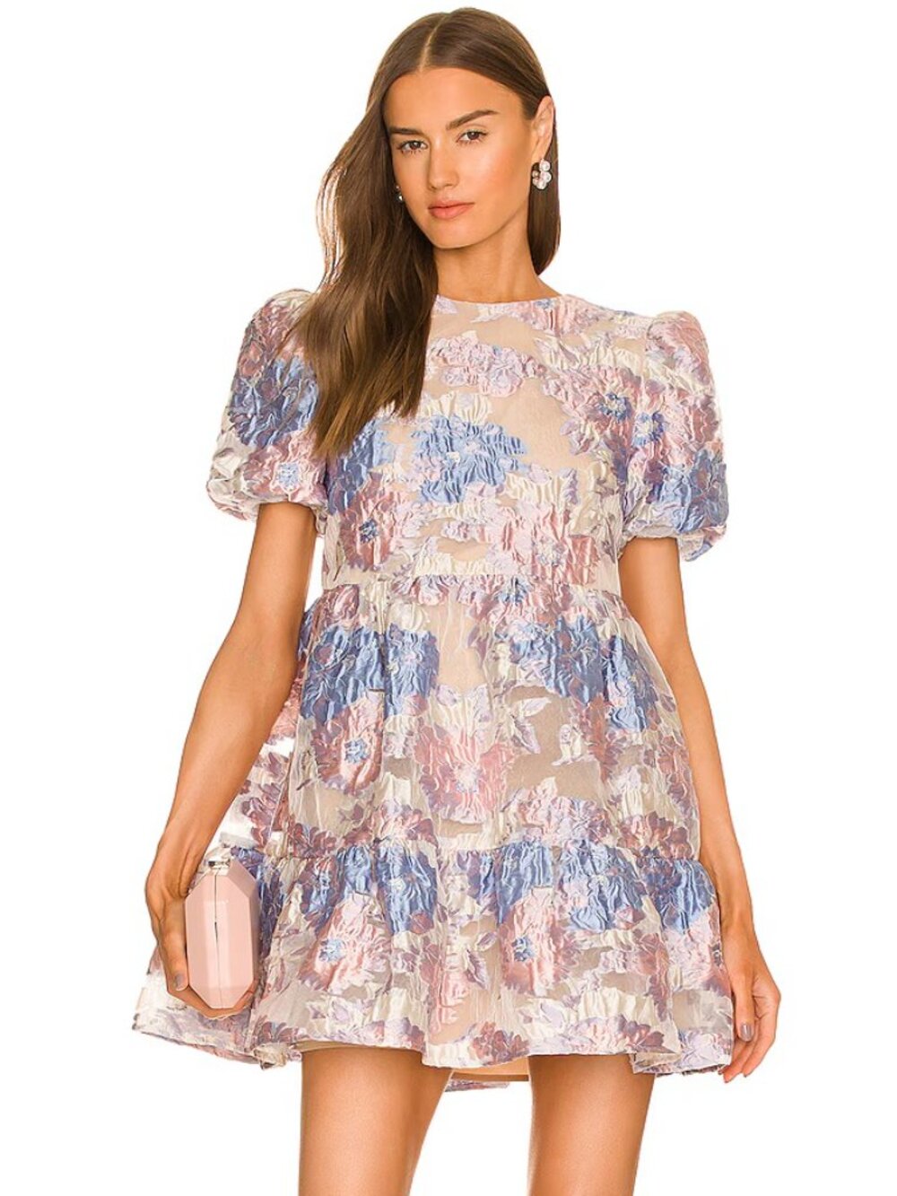ELLIATT x REVOLVE Moxie Pink Floral Jacquard Puff Sleeve Mini Dress